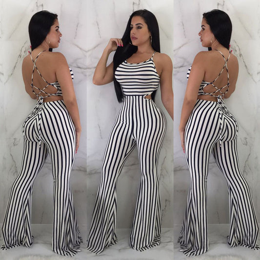 Striped Sleeveless Backless Bodycon Skin Tight Jumpsuit