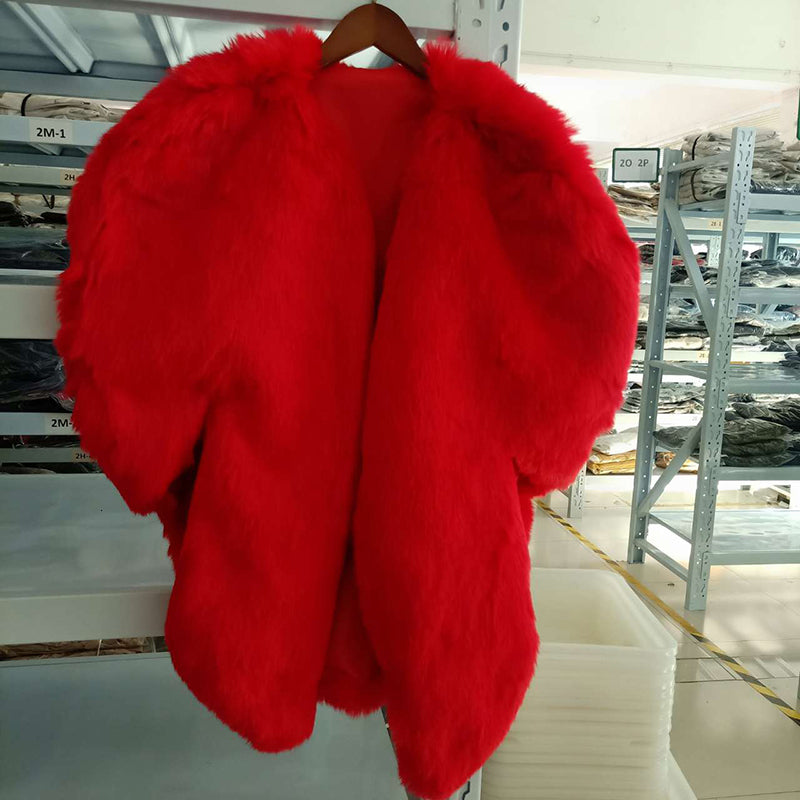 Faux Fur Oversized Red Angel Wing Heart Women's Cape Jacket