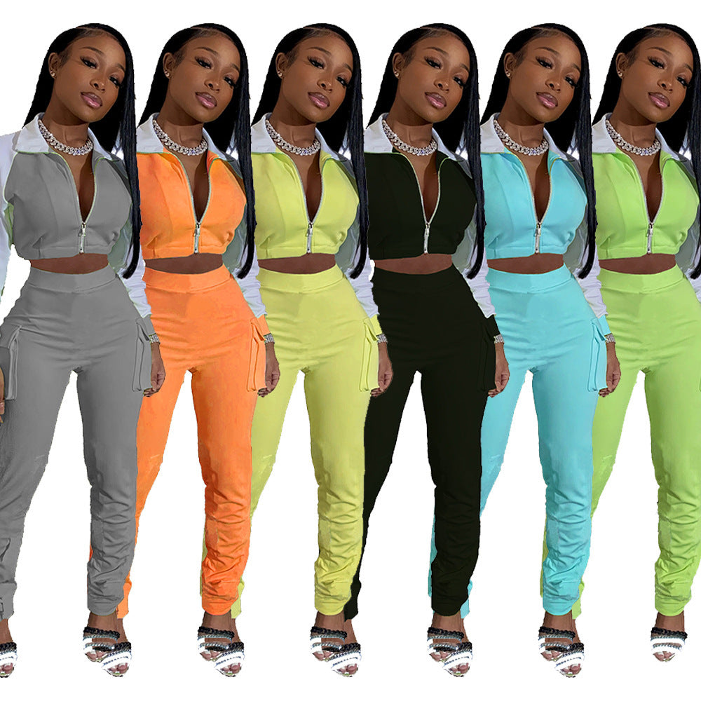 Colorblock Turn-Down Collar Cropped Sports Zipper Jacket + Cargo Pocketed Sweatpants Women's Tracksuit