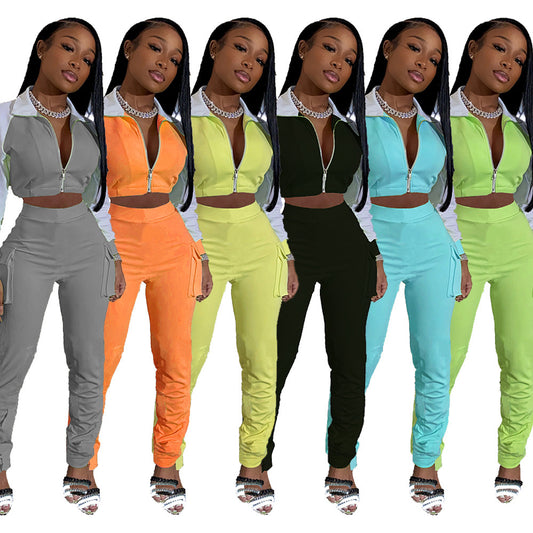 Colorblock Turn-Down Collar Cropped Sports Zipper Jacket + Cargo Pocketed Sweatpants Women's Tracksuit
