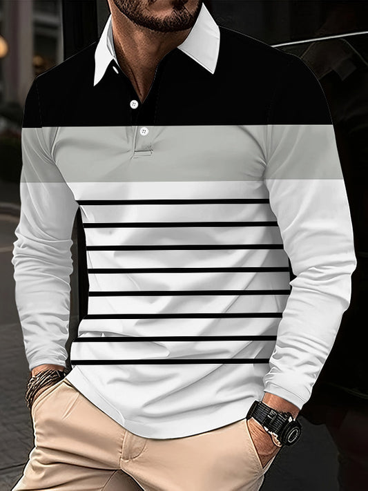 Men's Striped Colorblock Quarter Button-Up Long Sleeve Pullover Shirt