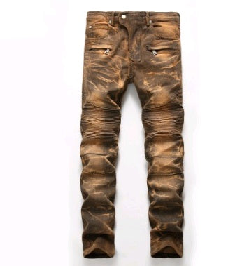 Men's Denim Gradient Washed Ribbed Ruched Ripped Zipper Pocket Skinny Jeans