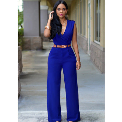 Ruched Sleeveless Deep V-Neck Solid Color Women's Jumpsuit
