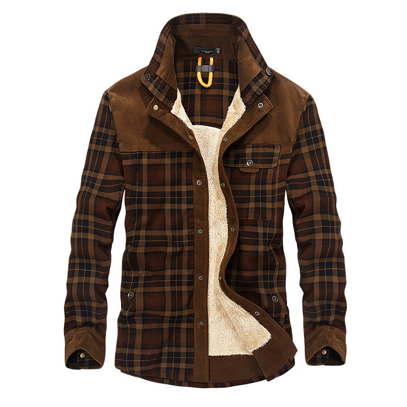 Men's Plaid Colorblock Fleece Lined Pure Cotton Button-Up Jacket