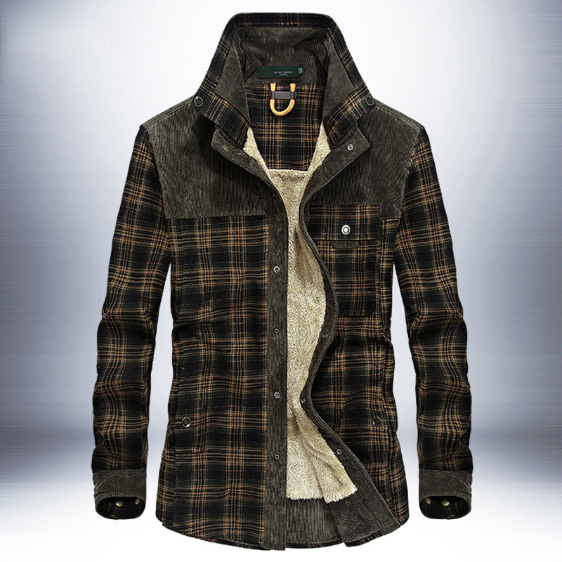 Men's Plaid Colorblock Fleece Lined Pure Cotton Button-Up Jacket