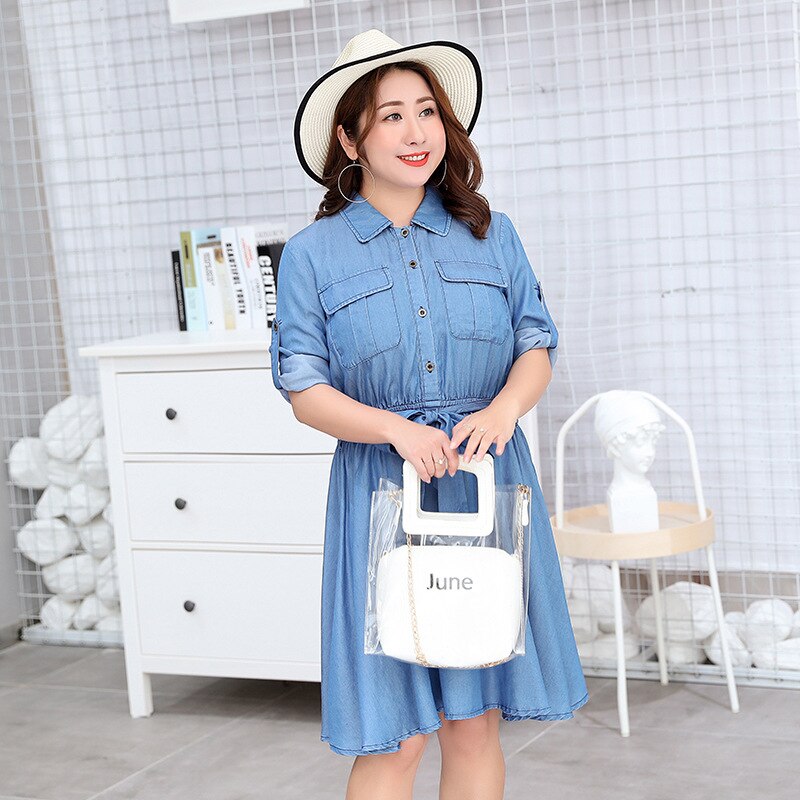 Denim Baby Blue Double Pocket Design Long Sleeve Sash Belted Midi Jean Dress to 4X Plus Size