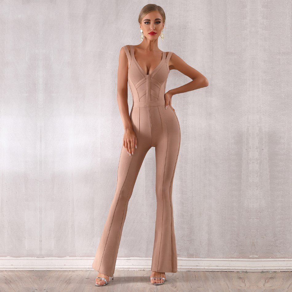 Sleeveless Light Brown V-Neck Women's Skinny Party Jumpsuit