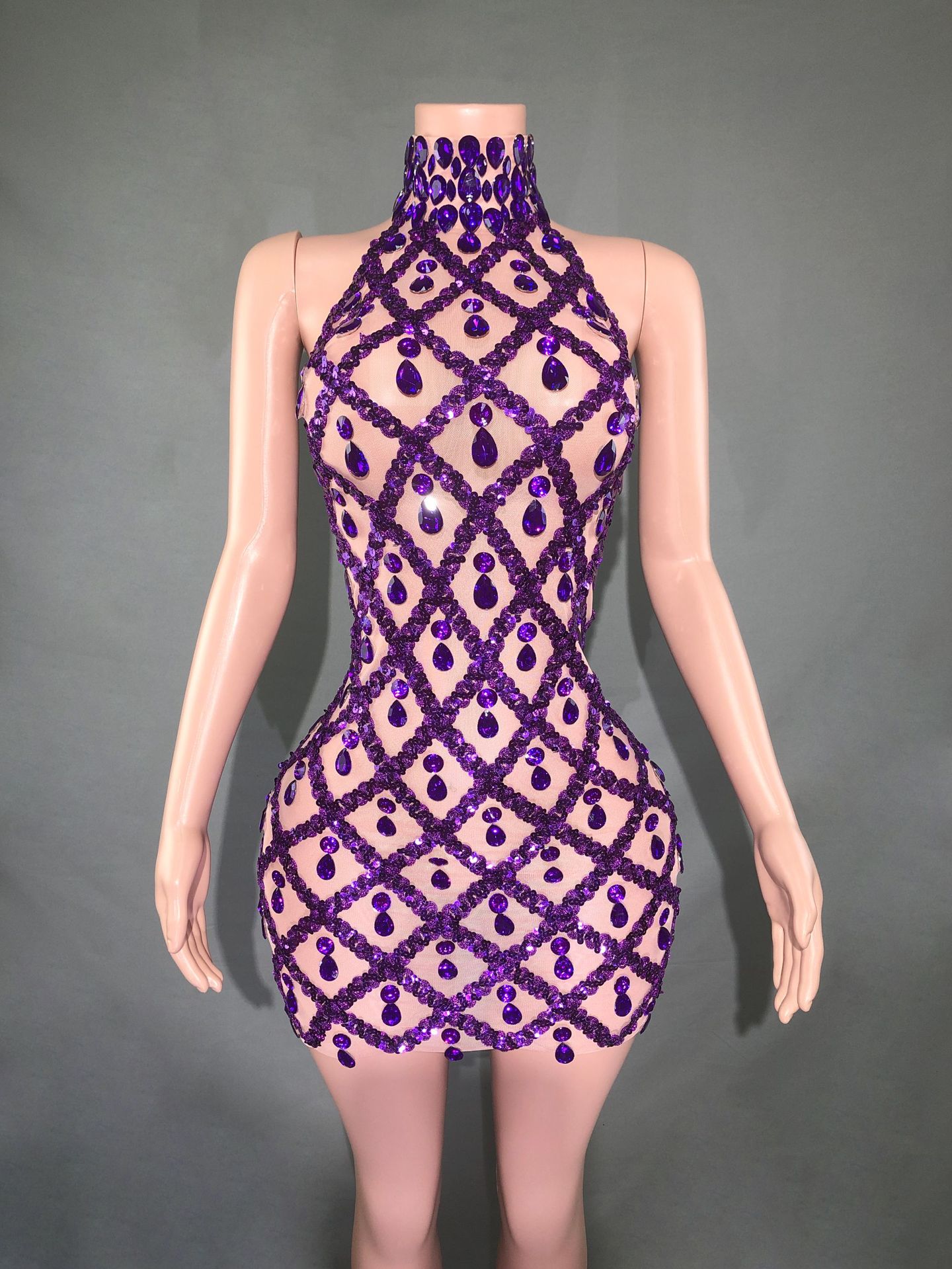 Diamond Sequin Mesh Geometric Hollow-Out Design Sleeveless Mini Zipper Back Formal Mini Dress