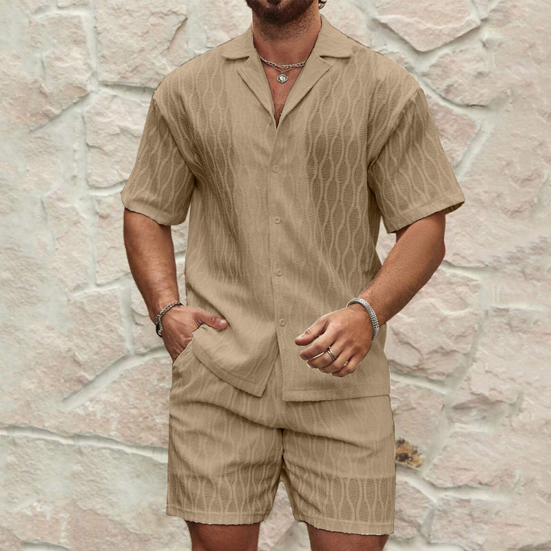 Men's Turn-Down Collar Short Sleeve Solid Color Shirt + Matching Shorts Two-Piece Set