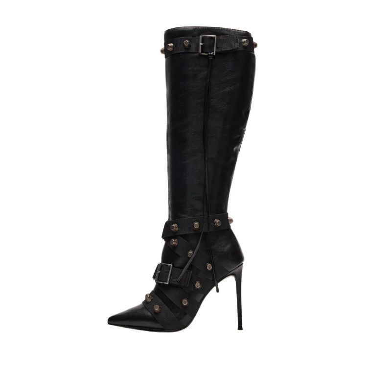 Metallic Rivet Buckle Design Women's Leather Pointed Toe Stiletto Heel Boots