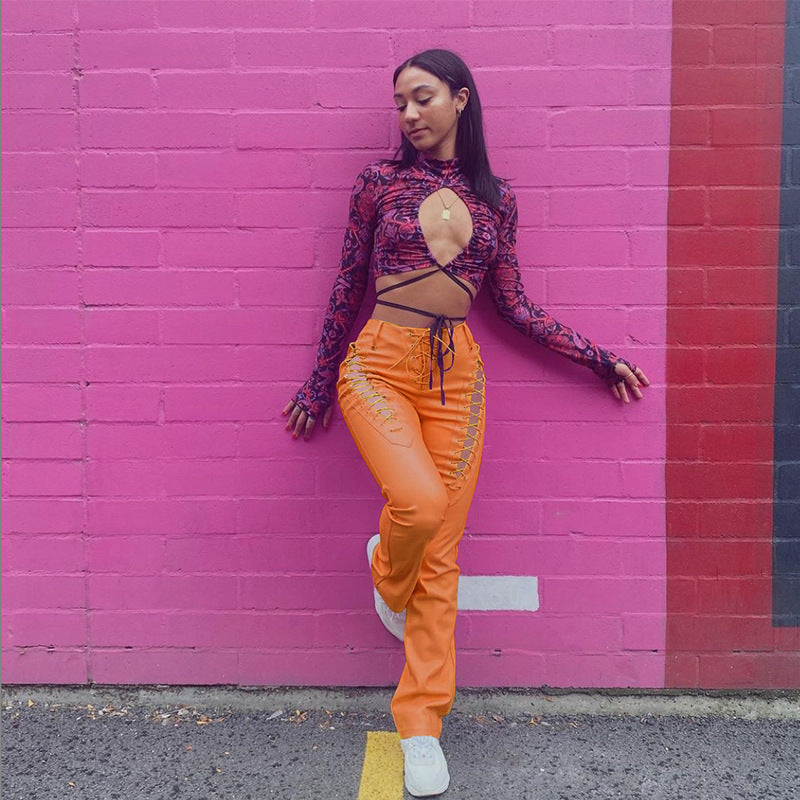 Hollow-Out Faux Leather Straight Women's Ankle Pants