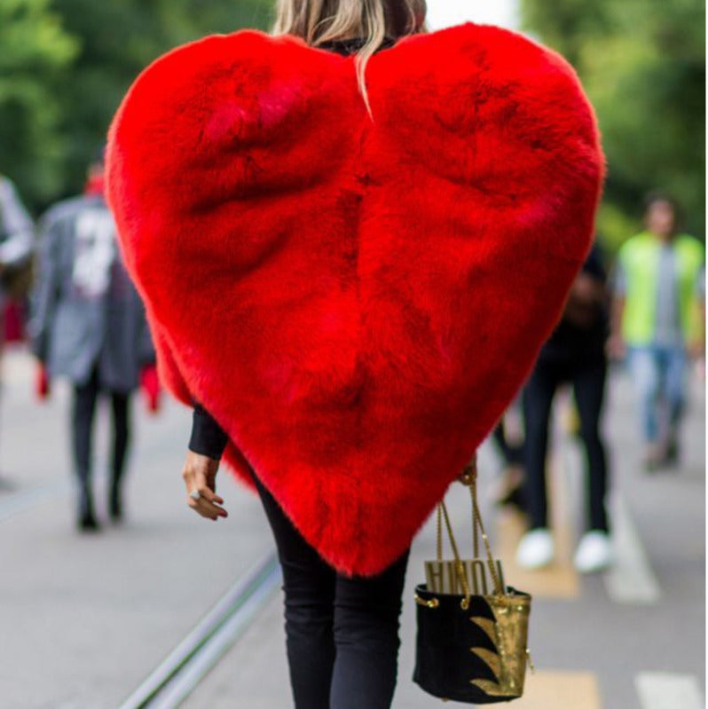 Faux Fur Oversized Red Angel Wing Heart Women's Cape Jacket