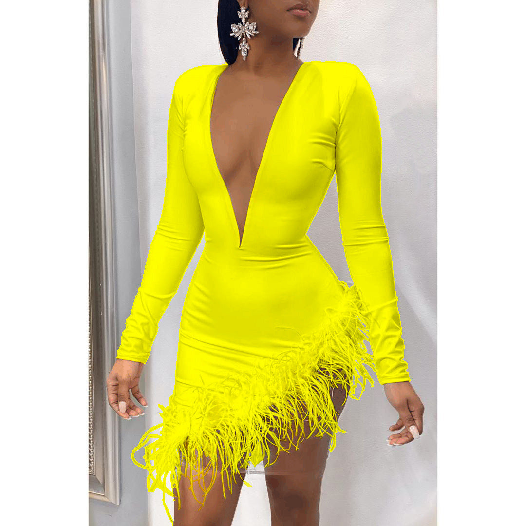 Fashion women's feather mesh patchwork dress