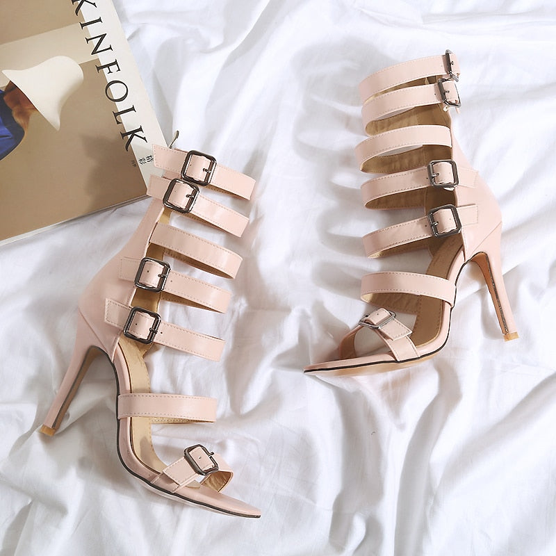 Open Toe Cross Strap Belt Buckle Design Women's Stiletto Heel Roman Sandle Ankle Boots
