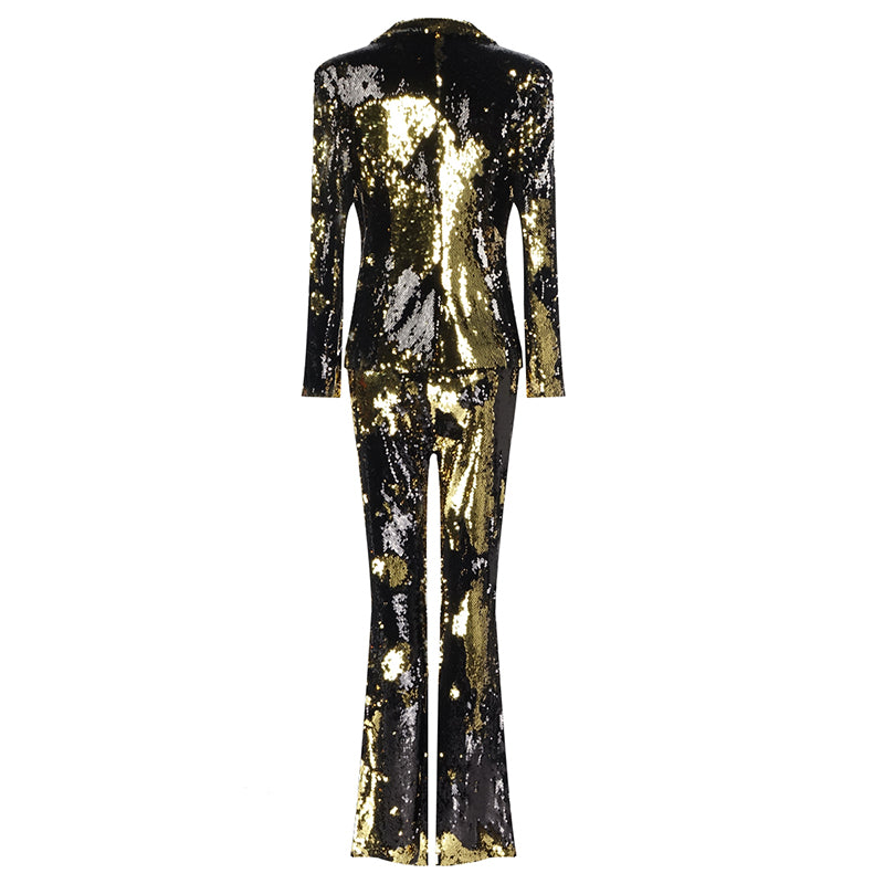 Floral Gold/Black Metallic Sequin Women's Deep V-Neck Tuxedo Blazer Jacket + Flared Leg Pants Formal Suit