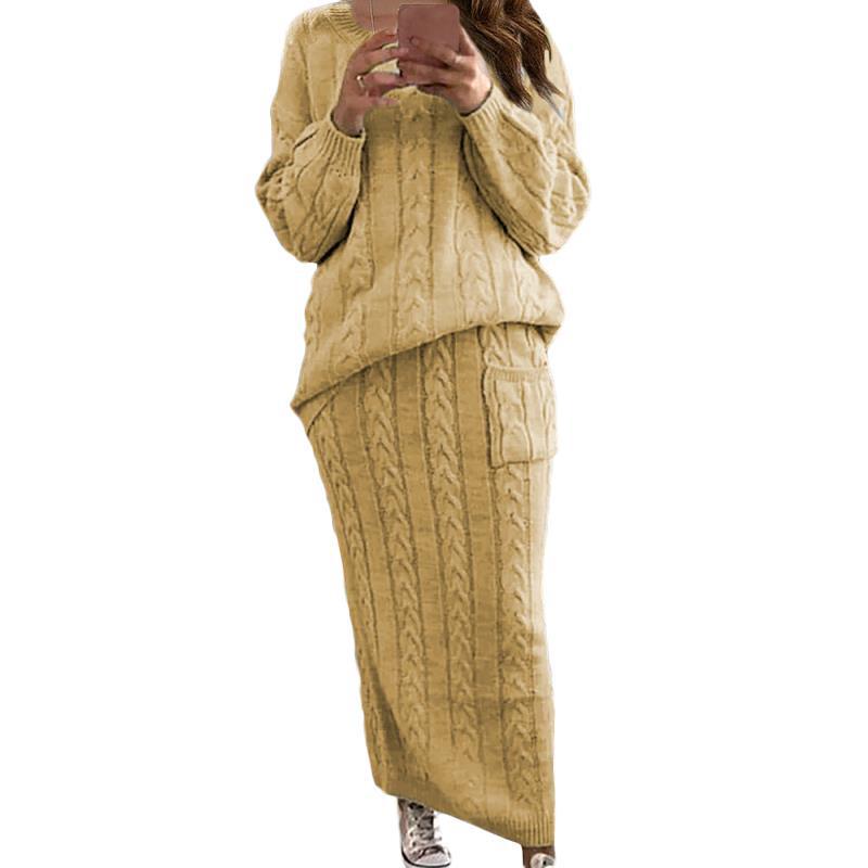 Twisted Weave Pattern Women's Long Sleeve Sweater + Maxi Skirt Knitted 2-Piece Set to 5X Plus Size