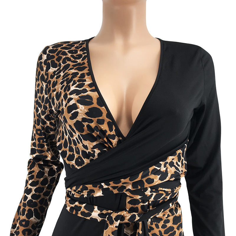 Leopard Colorblock Print V-Neck Bodycon Belted Long Sleeve Dress