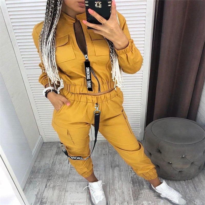 Double Pocket Design Women's Mandarin Collar Zipper Jacket + Elastic Waist Cargo Pants 2-Piece Set