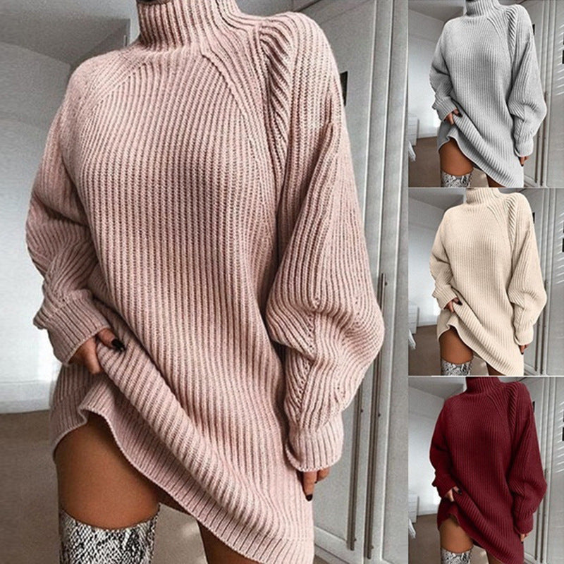 Solid Turtleneck Long Sleeve Mini Sweater Dress