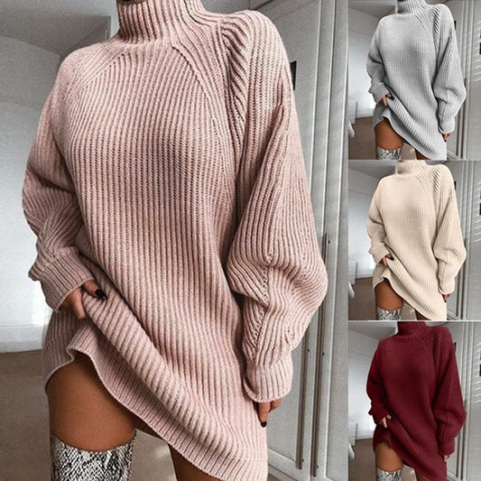 Solid Turtleneck Long Sleeve Mini Sweater Dress