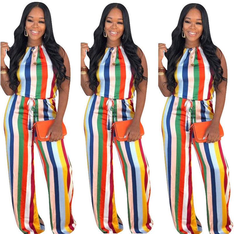 Rainbow Striped Print Sleeveless Women's Backless Jumpsuit