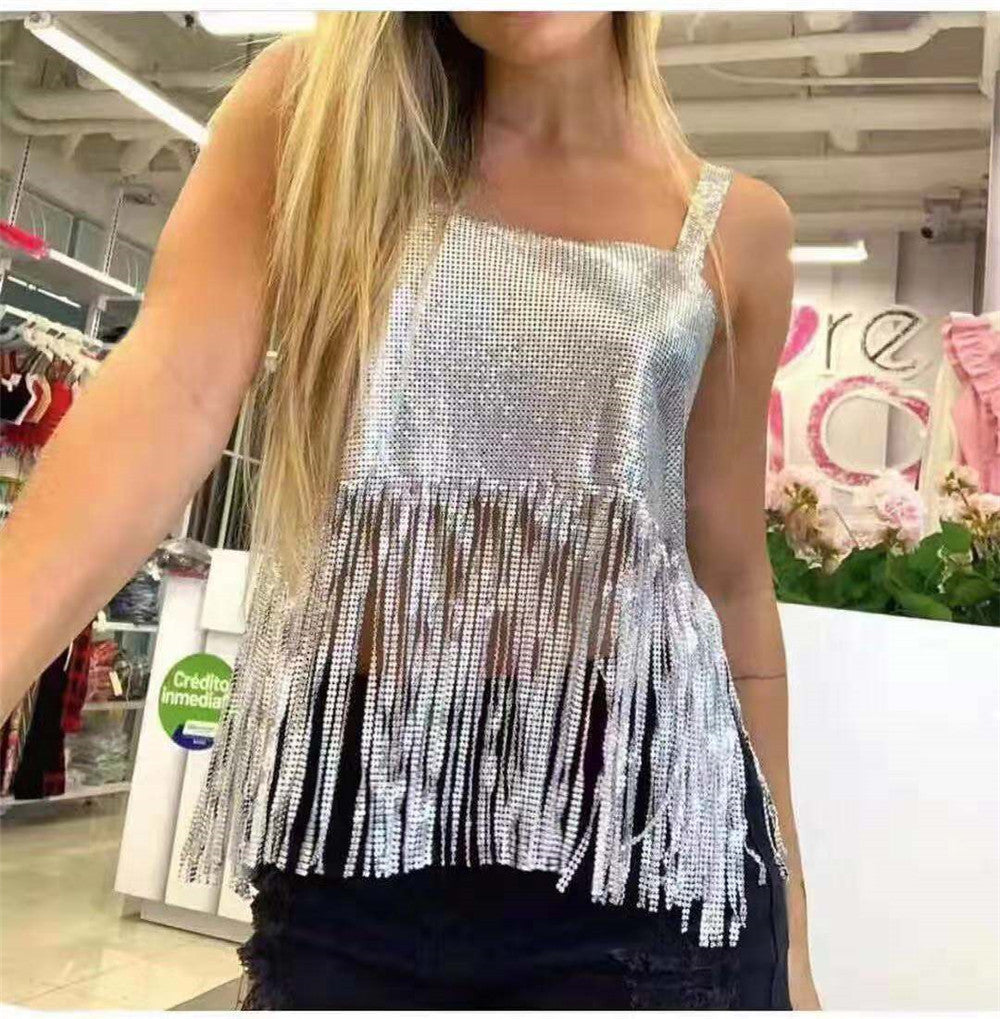 Metal Sequined Tassel Fringe Detail Women's Tank Top