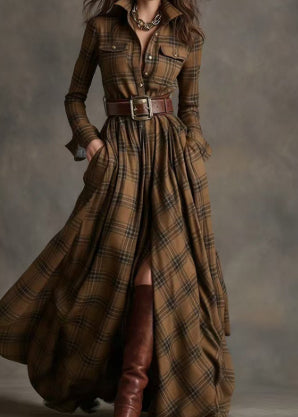 Oversized Plaid Print Long Sleeve Pocketed Turn-Down Collar Button-Up Big Swing Maxi Dress to 4X Plus Size