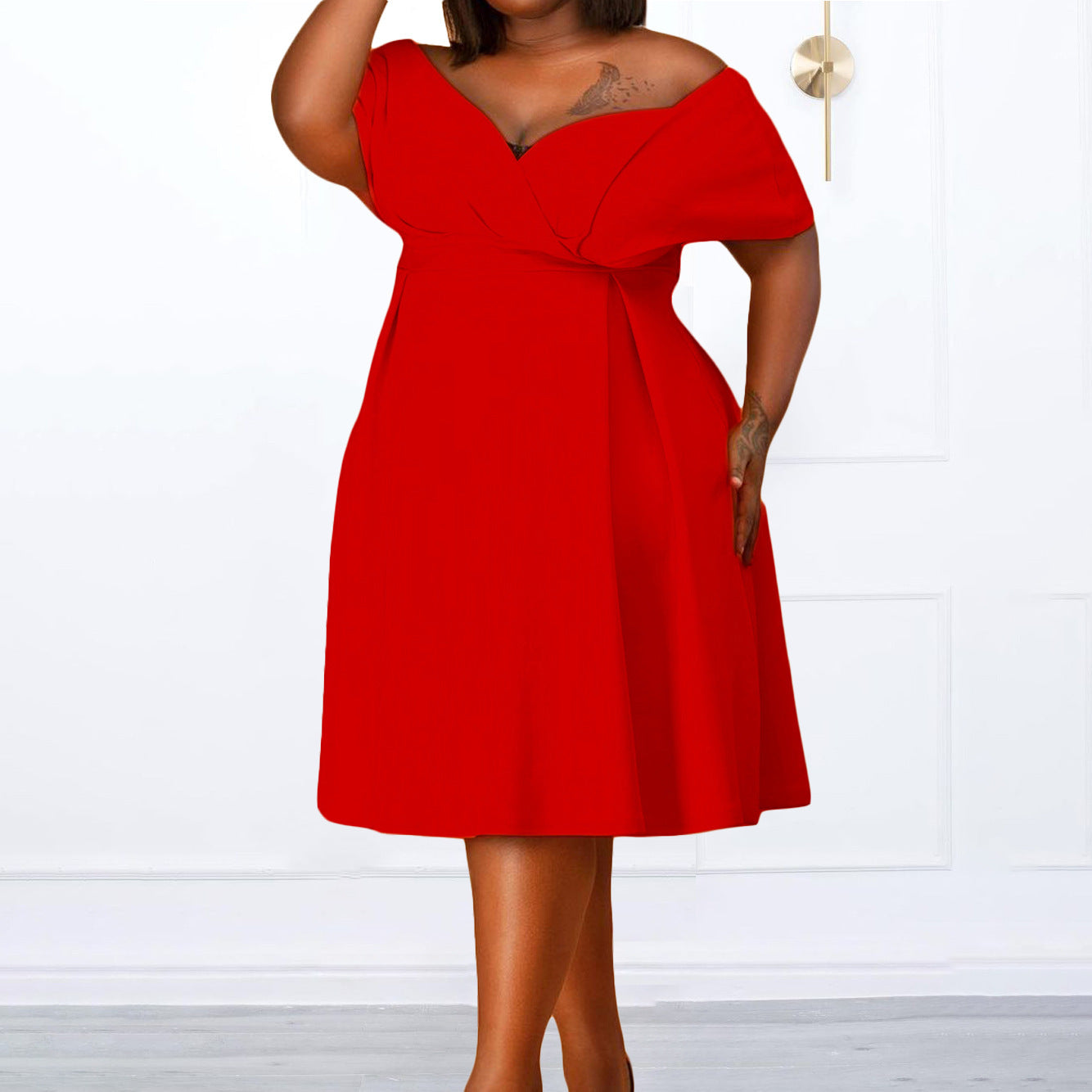 Deep V-Neck Back Bowknot Design Midi Flared Party Dress to 3X Plus Size