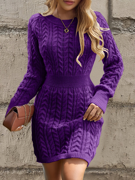 Textured Knitted O-Neck Long Sleeve Solid Color Mini Sweater Dress