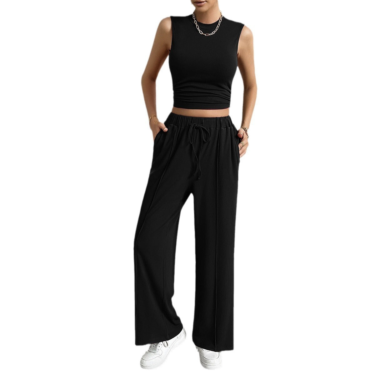 Sleeveless Solid Color Vest + Drawstring Pants Women's Casual 2-Piece Set