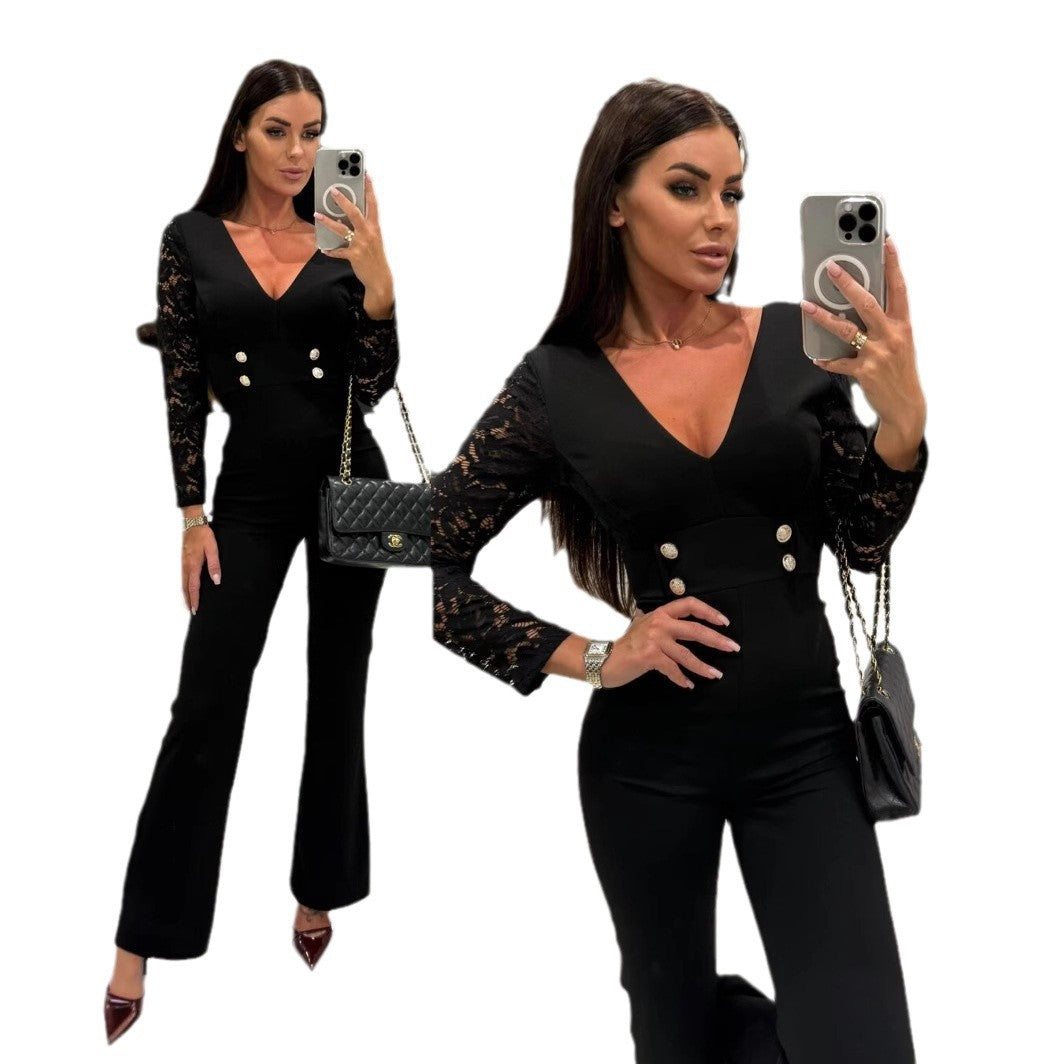 Double Button Design Long Sleeve Women's V-Neck Business Blazer Jumpsuit