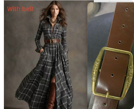 Oversized Plaid Print Long Sleeve Pocketed Turn-Down Collar Button-Up Big Swing Maxi Dress to 4X Plus Size