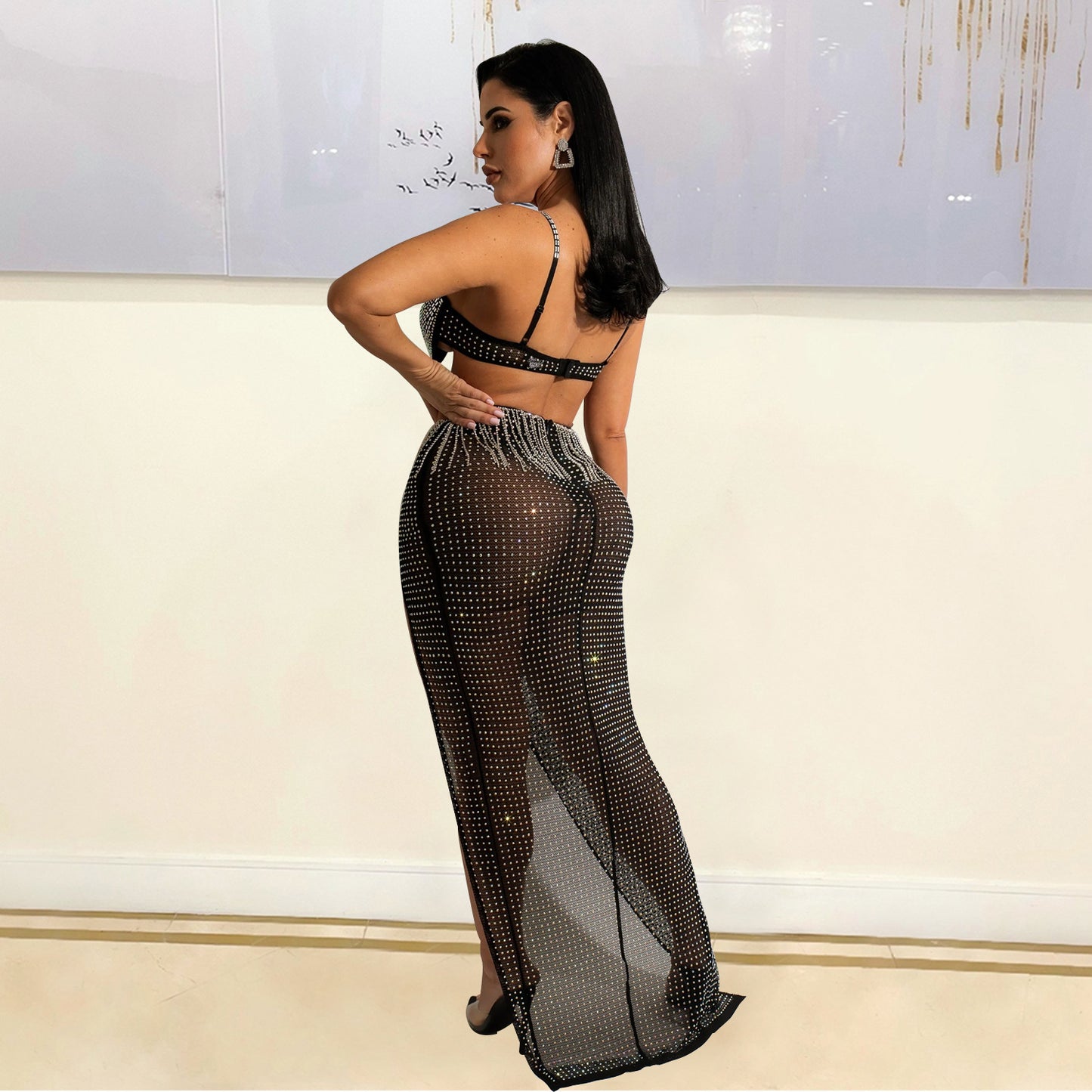 Metallic Silver/Black Mesh Rhinestone Bra + Tassel Fringe High Side Slit Maxi Skirt 2-Piece Set