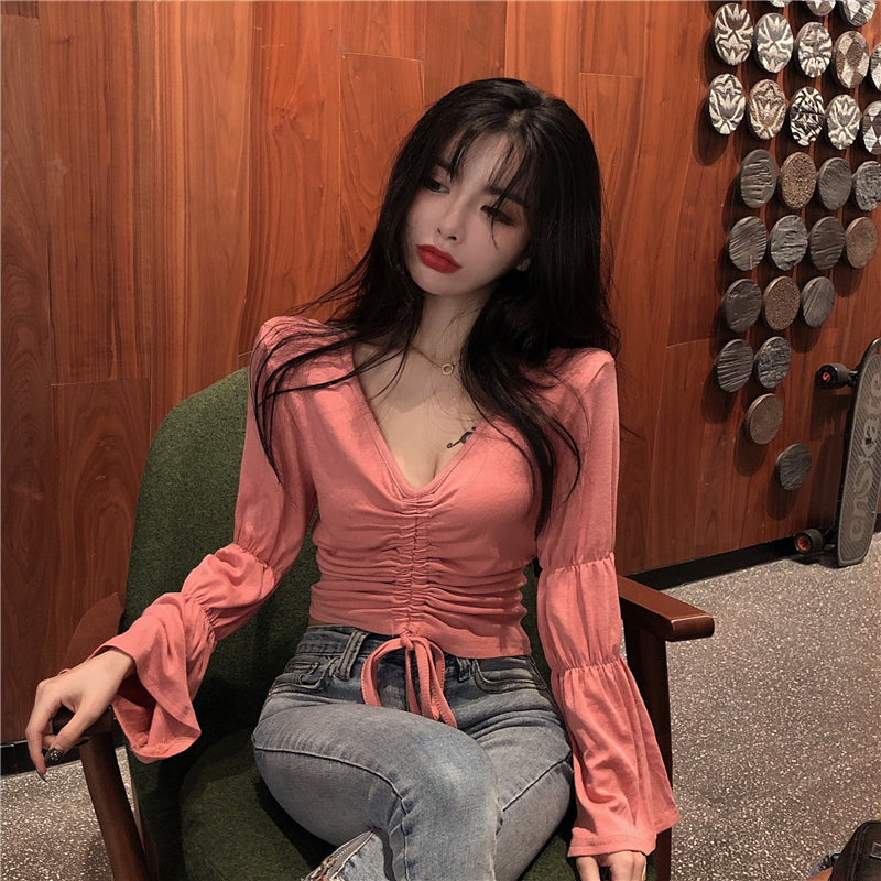 Drawstring V-Neck Women's Long Flared Sleeve Solid Color Shirt