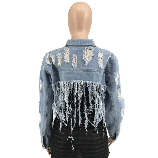 Ripped Washed Tassel Fringe Western Cropped Women's Jean Jacket to 5X Plus Size