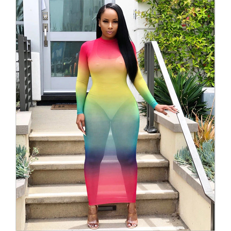 Rainbow Pastel Gradient Colorblock Print Sheer Transparent Long Sleeve Maxi Dress