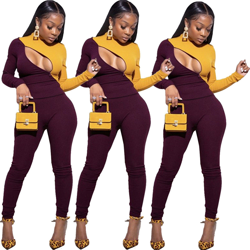 Colorblock Mock Neck Hollow-Out Long Sleeve Skinny Women's Jumpsuit