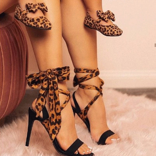 Leopard Print Spiral Bowknot Design Open Toe Stiletto Heel Sandal Pumps