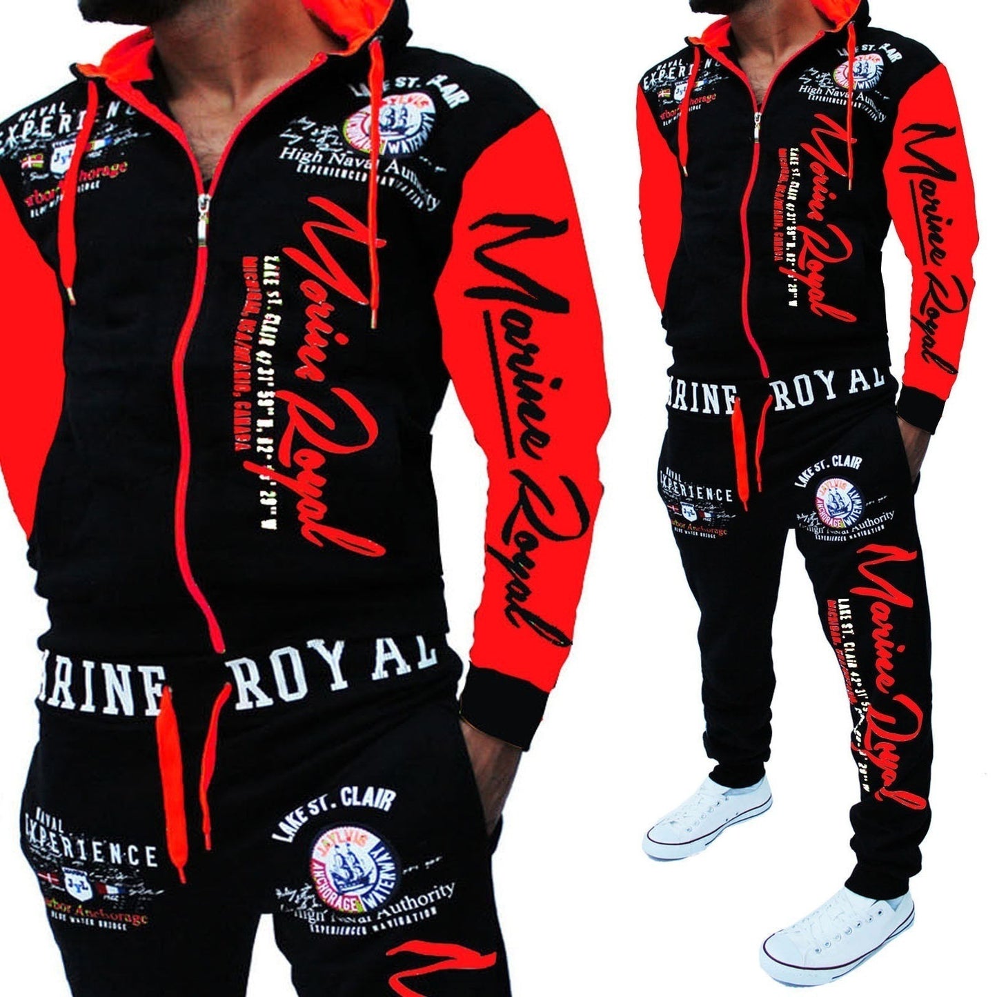 Men's Letter Print Zipper Hoodie Zipper Sports Jacket + Jogger Sweatpants Tracksuit