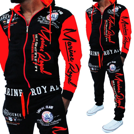 Men's Letter Print Zipper Hoodie Zipper Sports Jacket + Jogger Sweatpants Tracksuit
