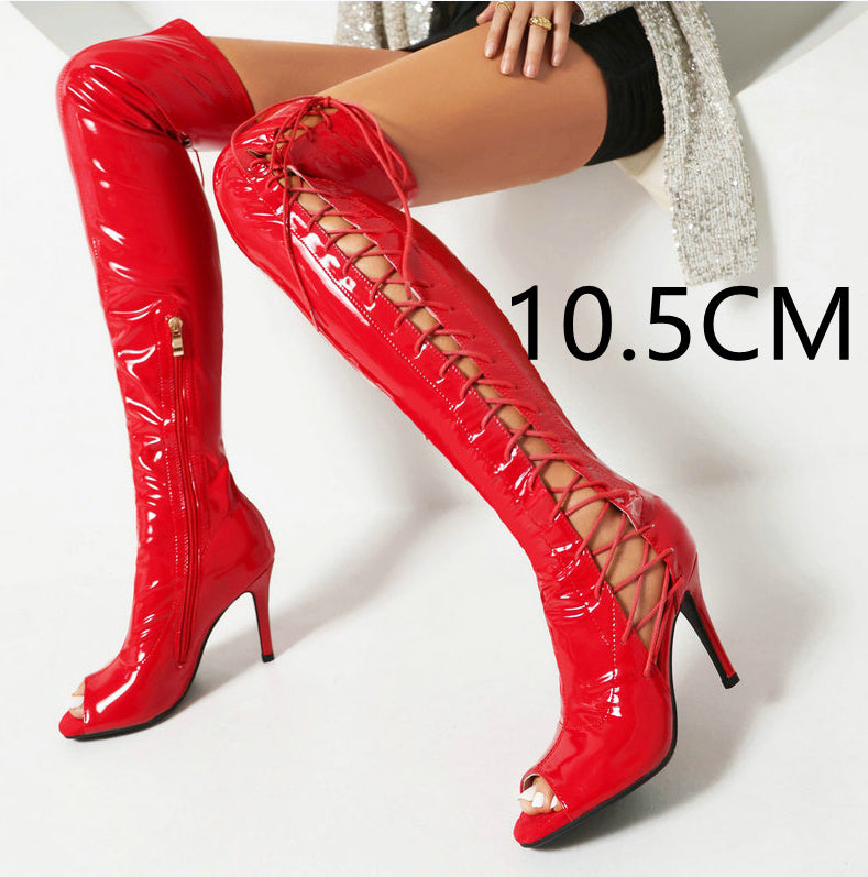 Patent Leather Peep Toe Lace-Up Women's Stiletto Heel Over-the-knee Boots