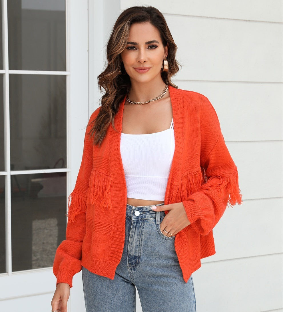 Tassel Fringe Design Women's Short Knitted Western Rodeo Cardigan Sweater