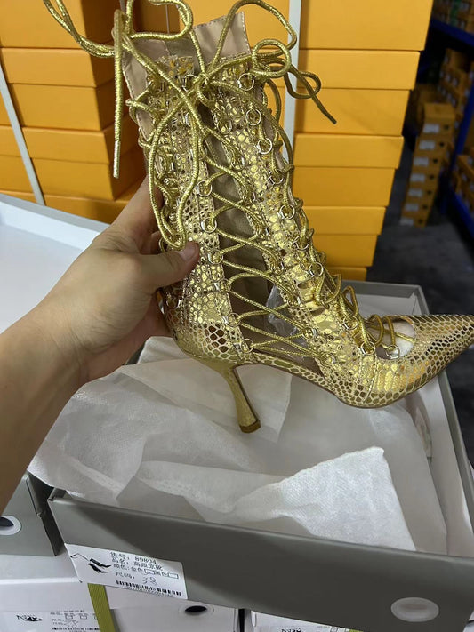 Metallic Lace-Up Women's Pointed Toe Hollow-Out Side Zipper Stiletto Heel Latin Dance Ankle Boots