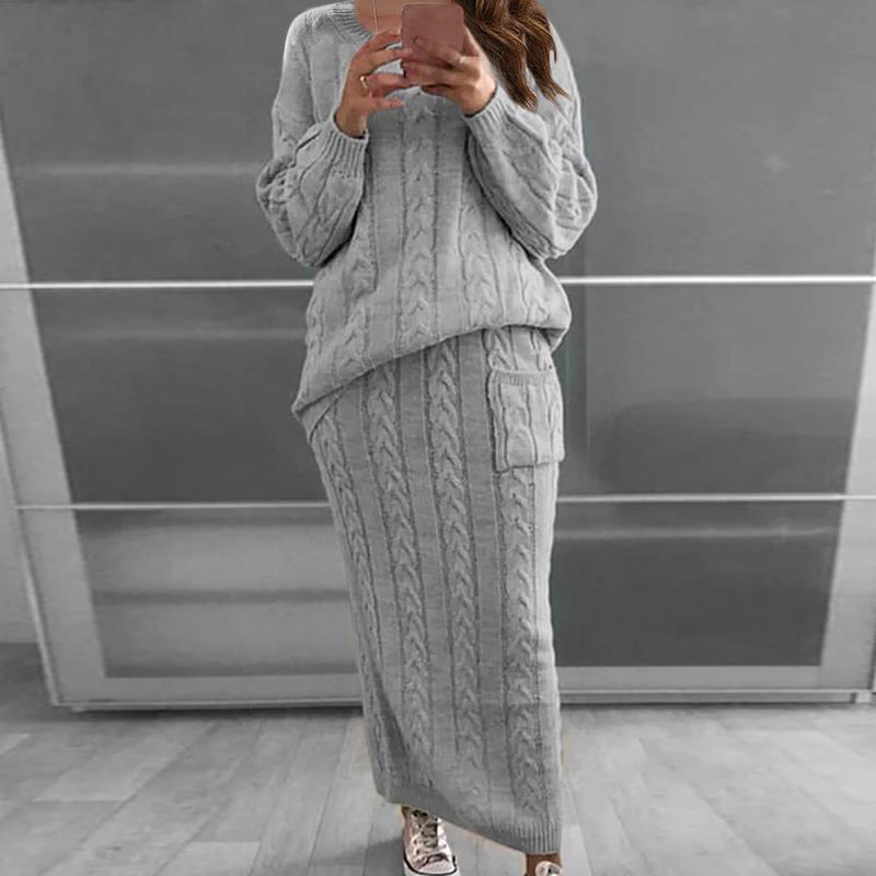 Twisted Weave Pattern Women's Long Sleeve Sweater + Maxi Skirt Knitted 2-Piece Set to 5X Plus Size