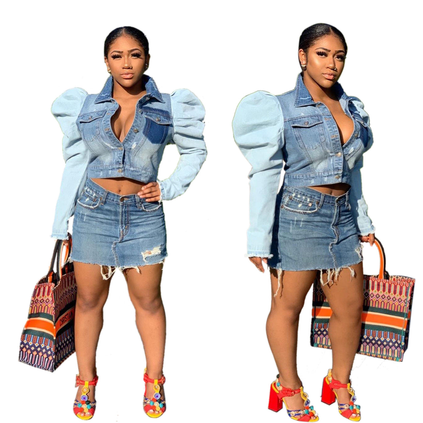 Denim Colorblock Patchwork Bubble Balloon Sleeve Women's Jean Jacket to 3X Plus Size