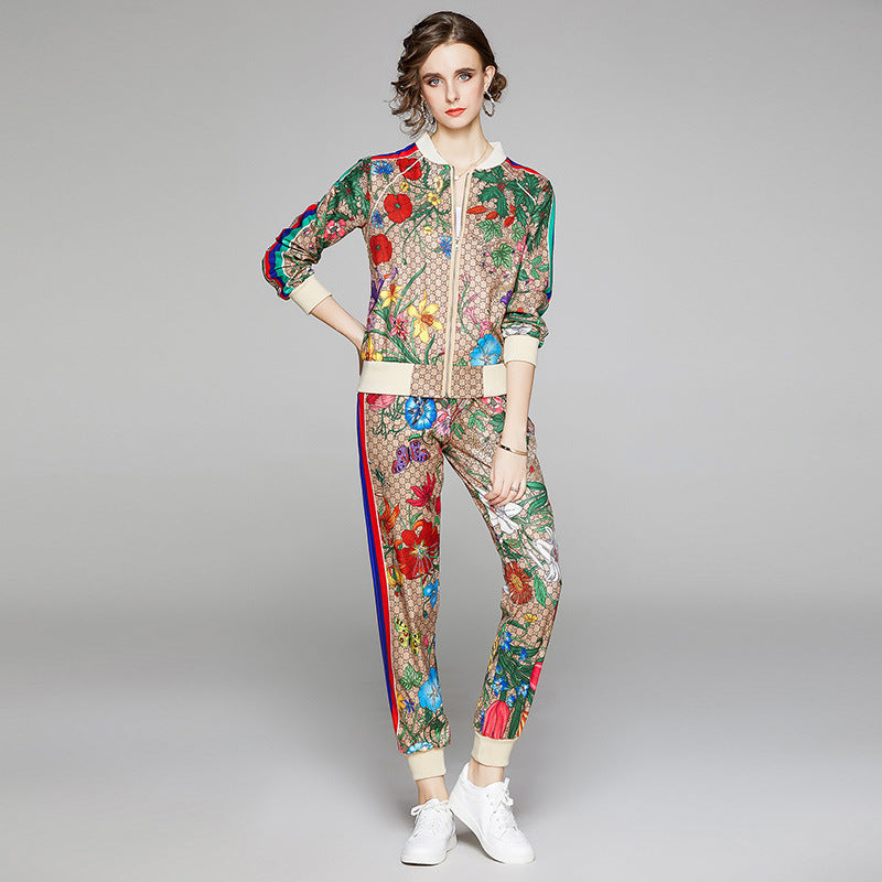 Designer Floral Monogram Side Striped Print O-Neck Zipper Bomber Jackets + Sweatpants Women's Tracksuit