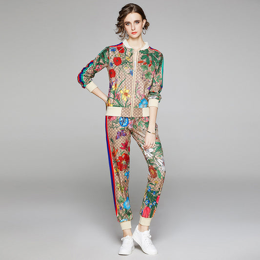 Designer Floral Monogram Side Striped Print O-Neck Zipper Bomber Jackets + Sweatpants Women's Tracksuit