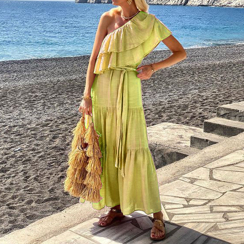Ruffled Tiered Layered Solid Color Asymmetrical One Shoulder Cotton Linen Sash Belted Maxi Dress
