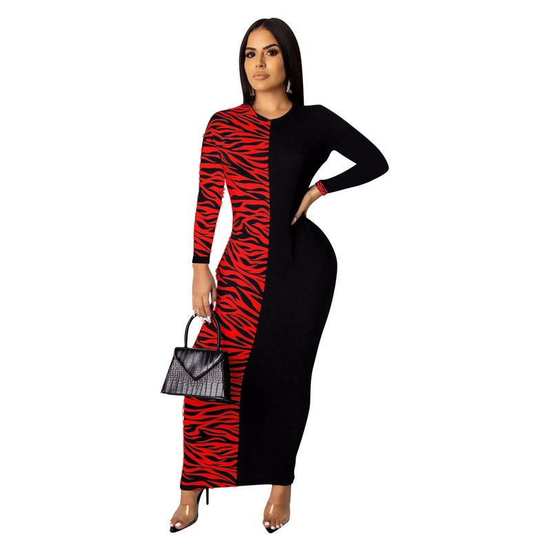 Zebra Colorblock Pattern Patchwork Long Sleeve Maxi Dress