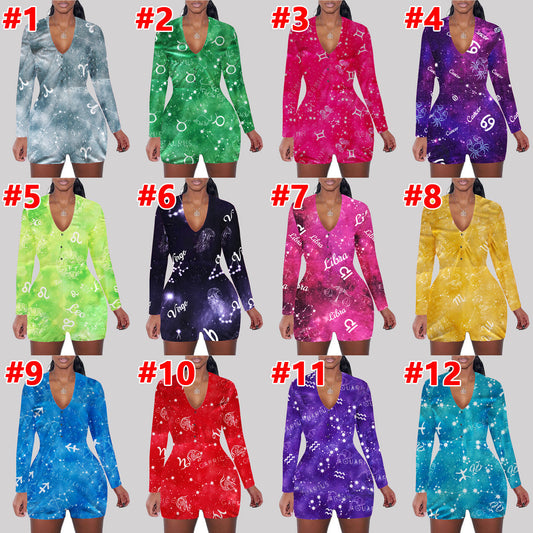 Astronomy Print Long Sleeve V-Neck Bodycon Women's One Piece Shorts Romper